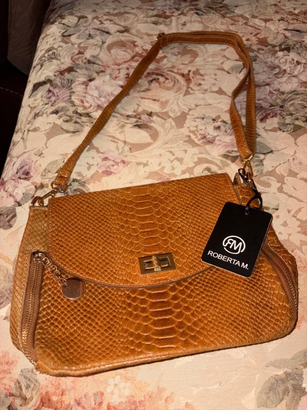 Roberta M Cognac Textured Shoulder Bag with Gold Hardware